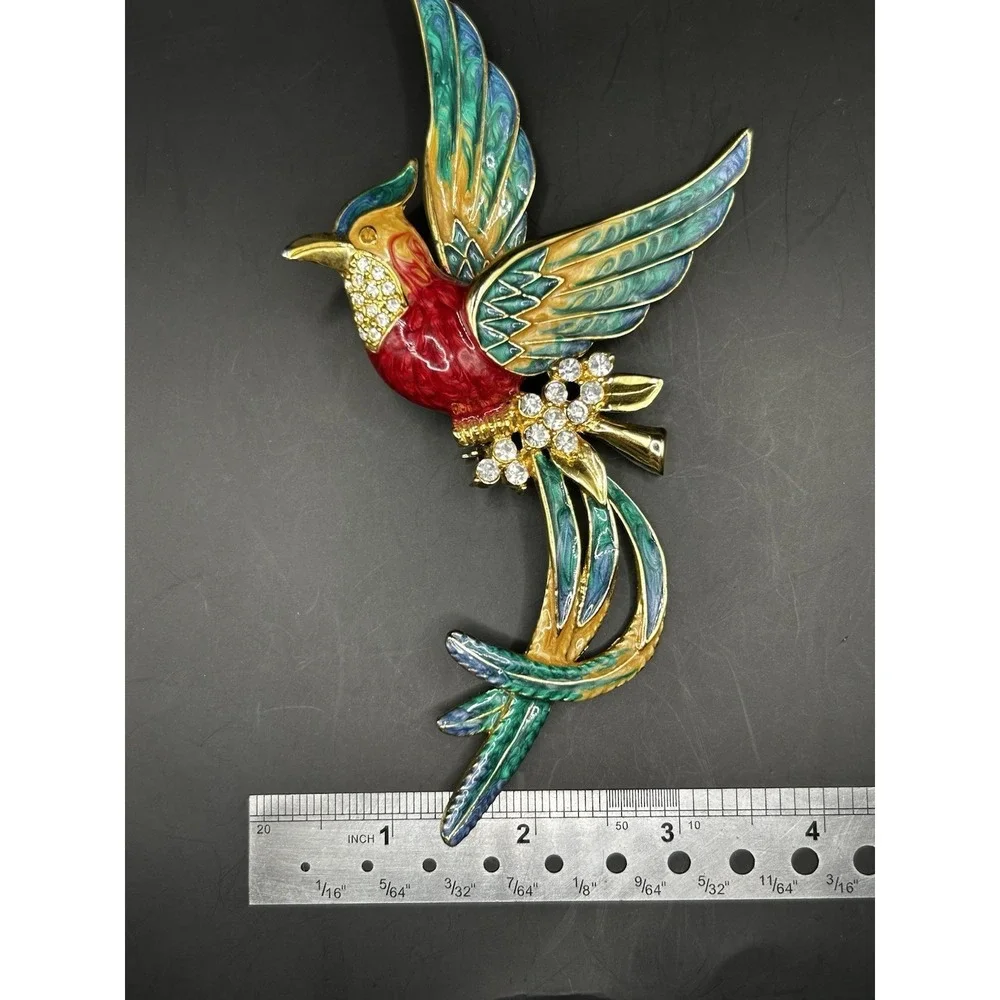 Vintage XLarge Enamel Exotic Bird Brooch Rhinestone Tropical Parrot Pin